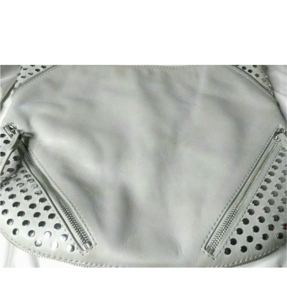 She+Lo  Leather Hobo Shoulder Bag  Studs Tassel Boho Bag Gray Taupe Retail $280
